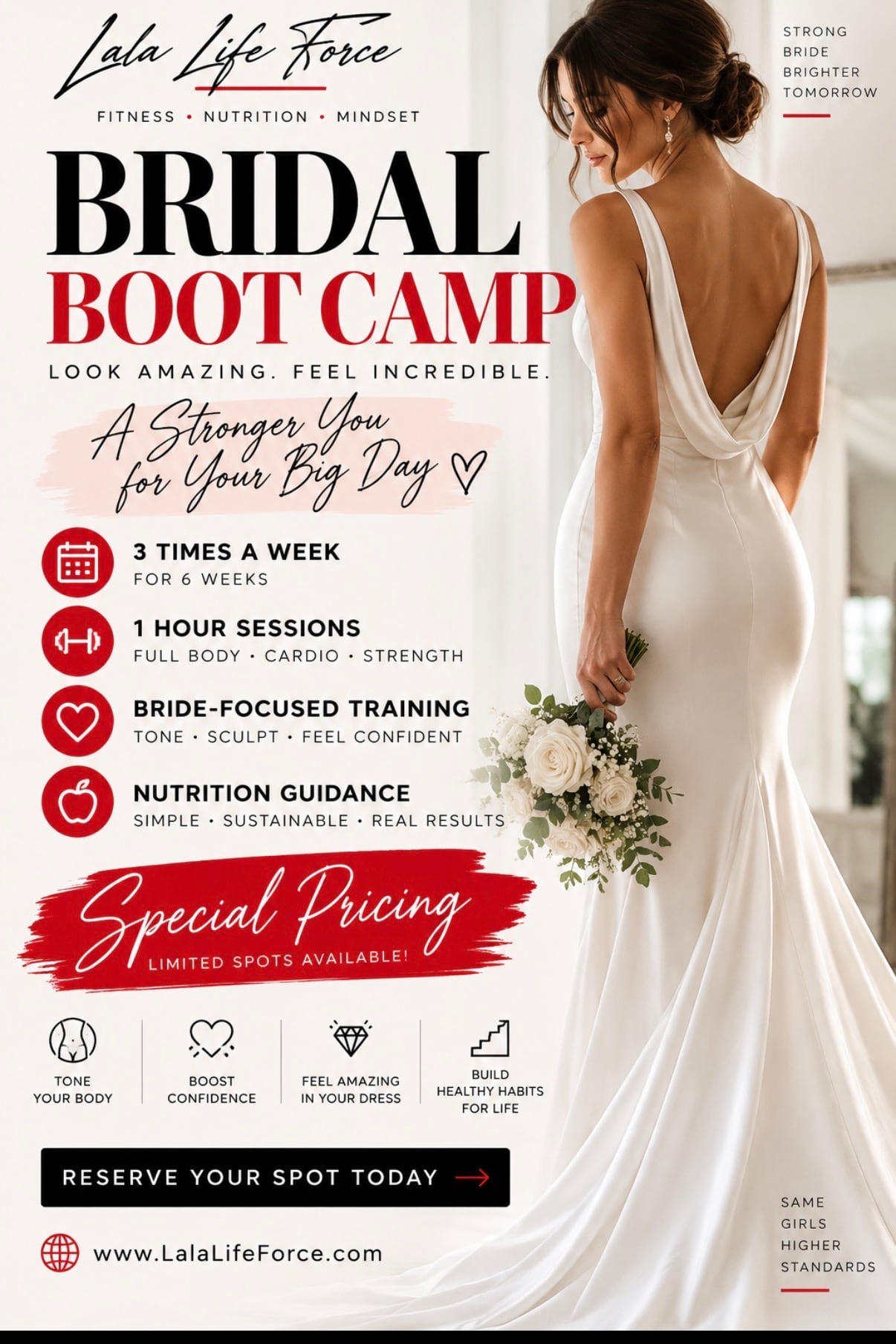 Bridal Boot Camp: 3 sessions a week for 6 weeks, 1-hour sessions, bride-focused training and nutrition guidance, special pricing, limited spots available.