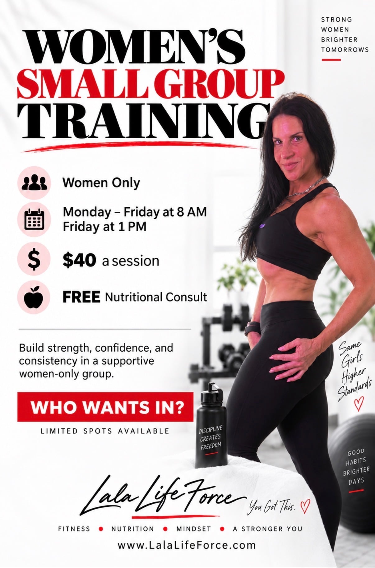Women's Small Group Training: women-only strength training, Monday through Friday 8am plus Friday 1pm, $40 a session, free nutrition consult included.